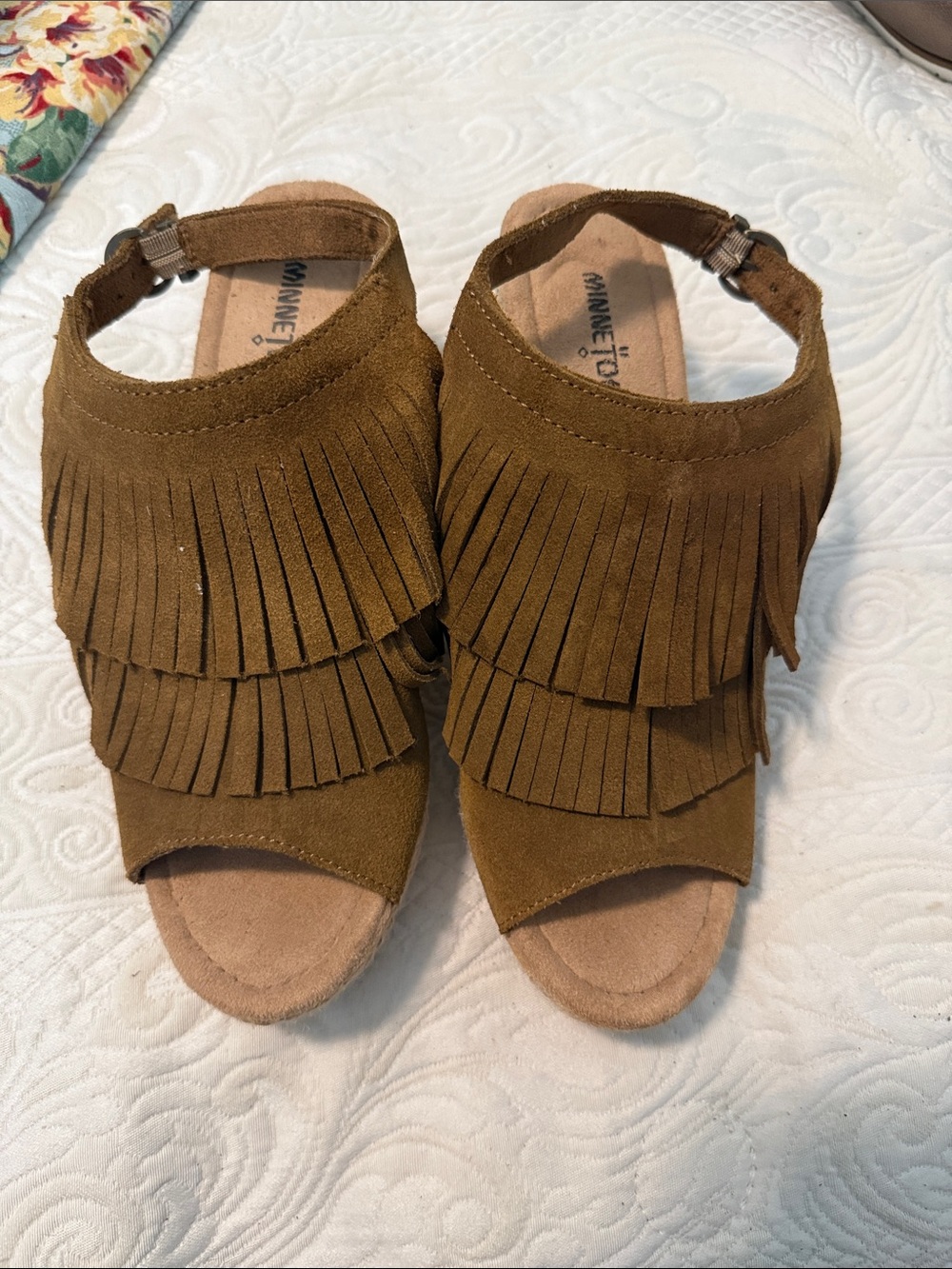 Minnetonka Brown Suede Fringe Clog Sandals